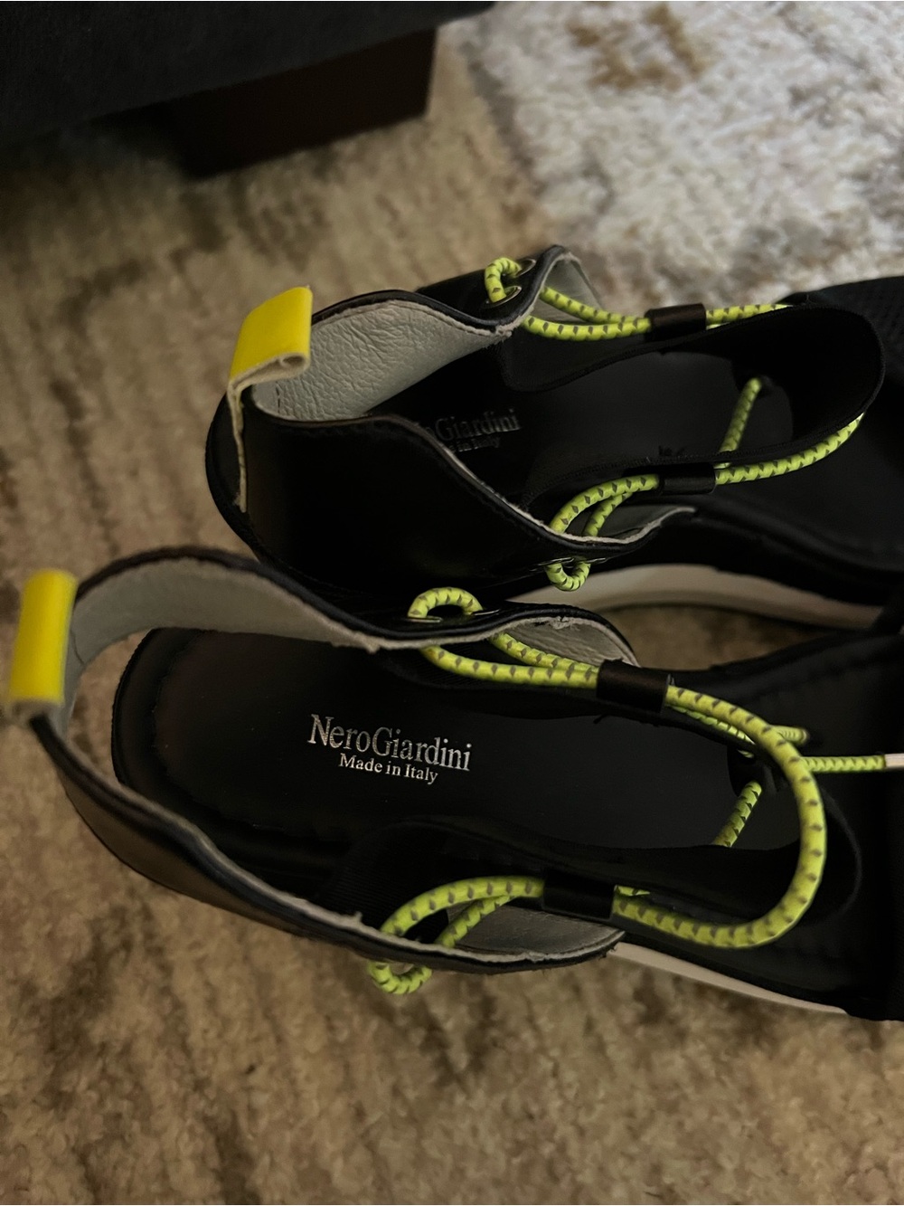 Nero Giardini Black Wedge Sandals with Neon Yellow Accents - Picture 2 of 6